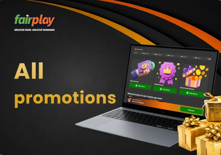 FairPlay promotions list on a laptop with gift boxes placed around it.