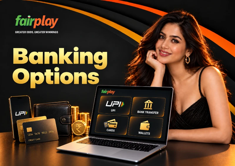 FairPlay India banking page on a laptop listing deposit and withdrawal options.