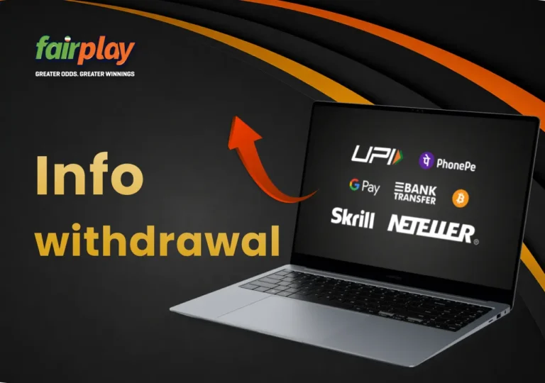 FairPlay withdrawal options on a laptop with an arrow pointing to the available methods.