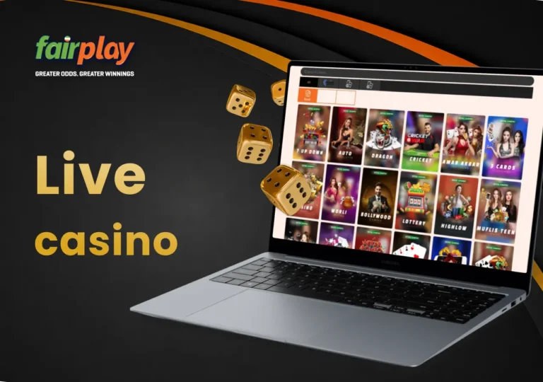 FairPlay live dealer games on a laptop with dice placed beside it.