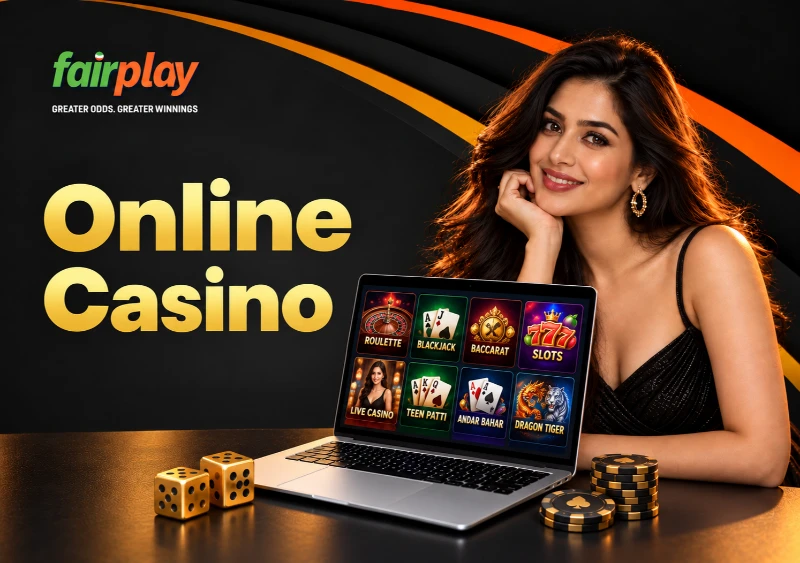 FairPlay casino lobby displayed on a laptop with dice beside it.